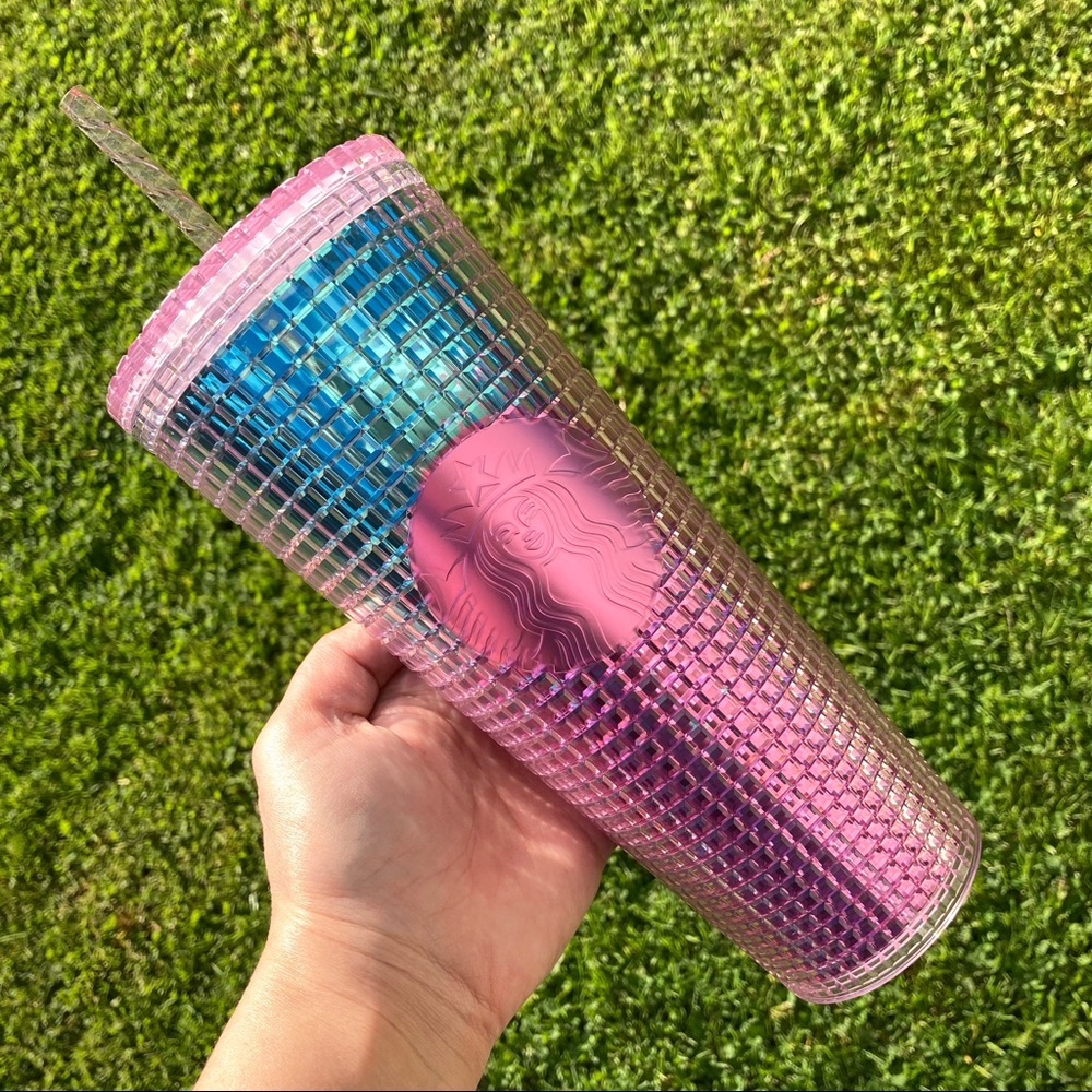 STARBUCKS Ombre Pink and Blue Grid Cold Cup